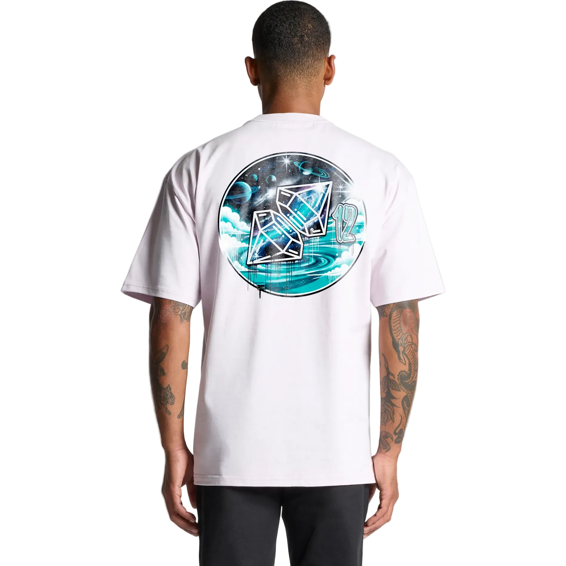 Person wearing a white t-shirt with a colorful graphic design on the back against a white background