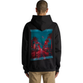 Person wearing a black hoodie with a colorful graphic on the back against a gray background