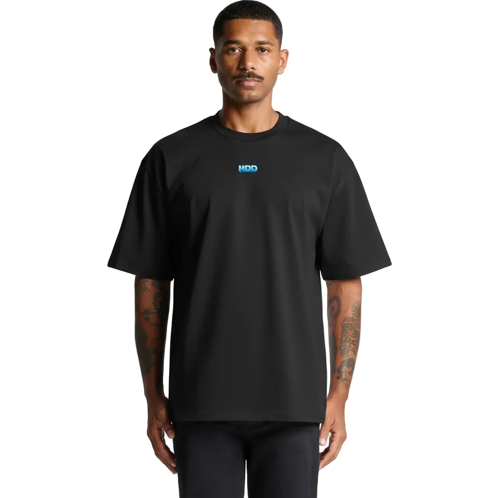 Man wearing a black t-shirt with a logo on a white background