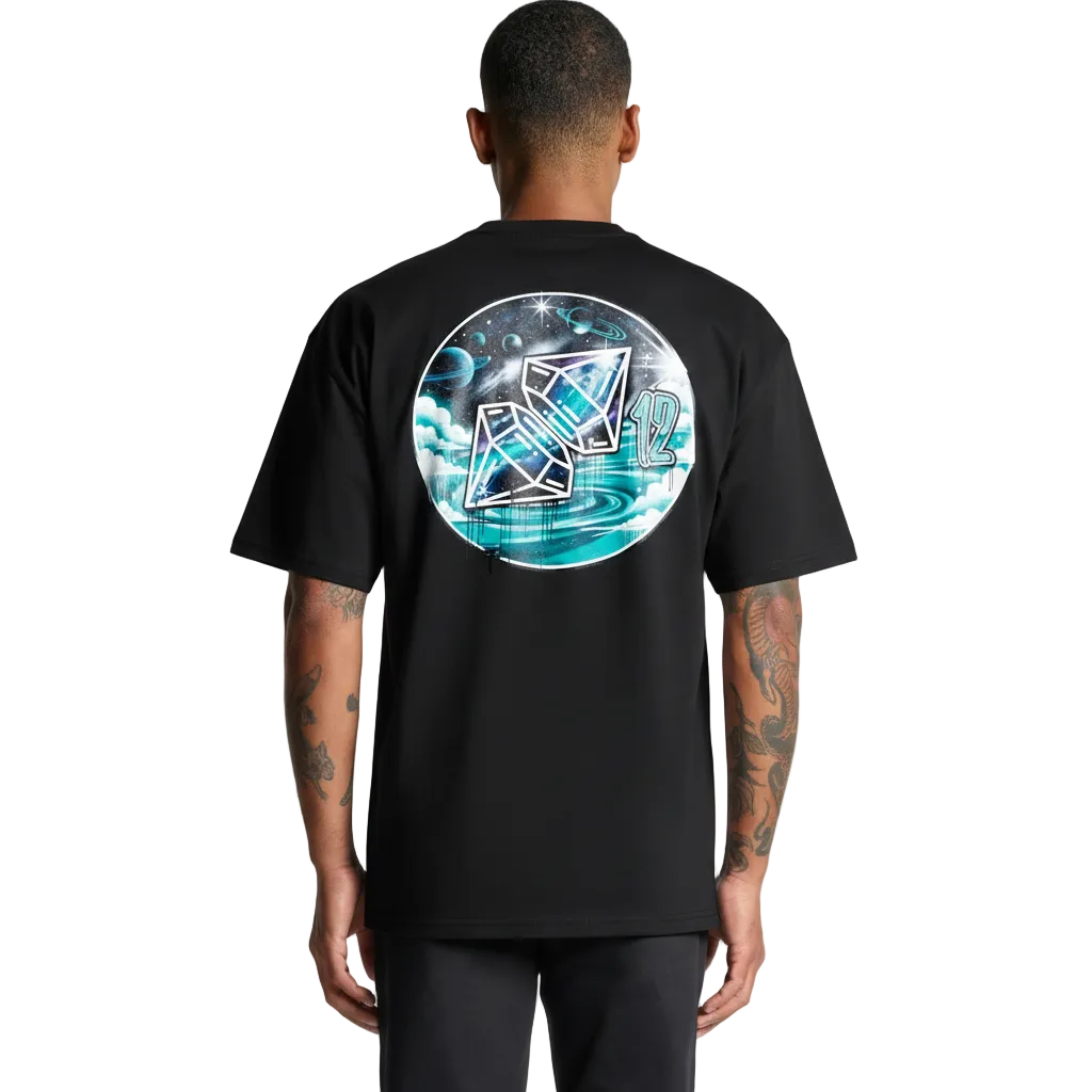 Person wearing a black t-shirt with a colorful graphic design on the back against a white background