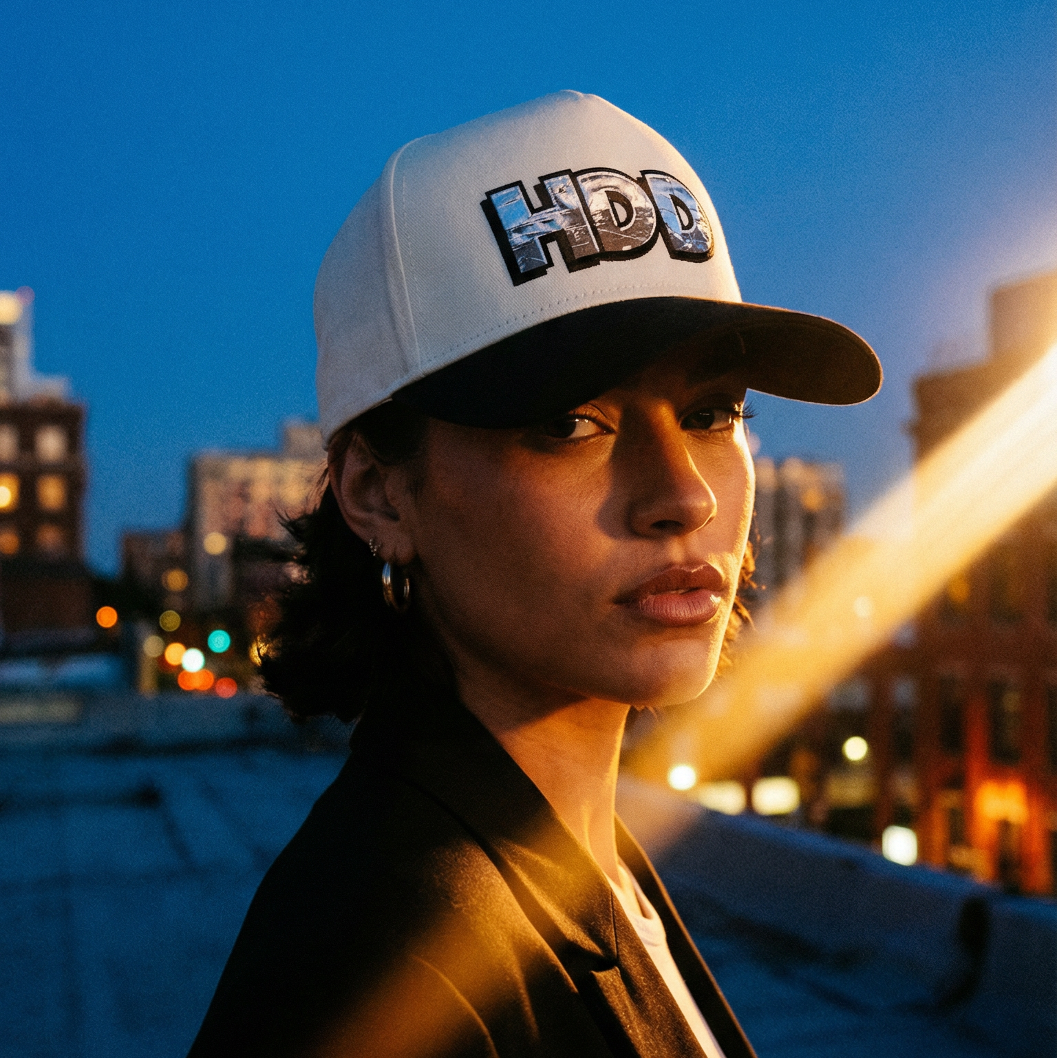 Person wearing a cap with 'HDD' logo against an urban night background