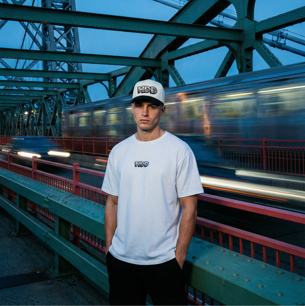 Person wearing a white cap and t-shirt on a bridge with a blurred train in the background