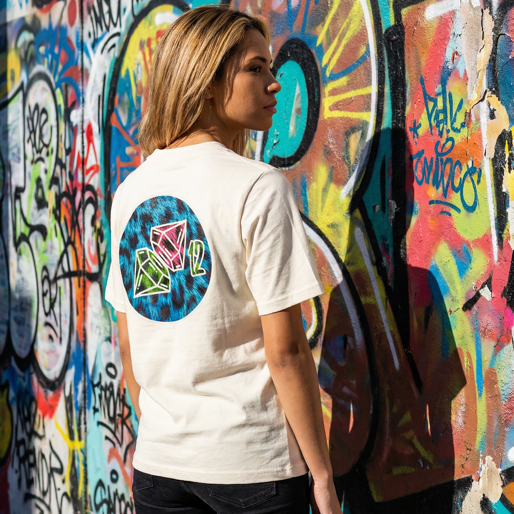 Woman wearing a white t-shirt with a colorful design on the back, standing in front of a graffiti-covered wall.