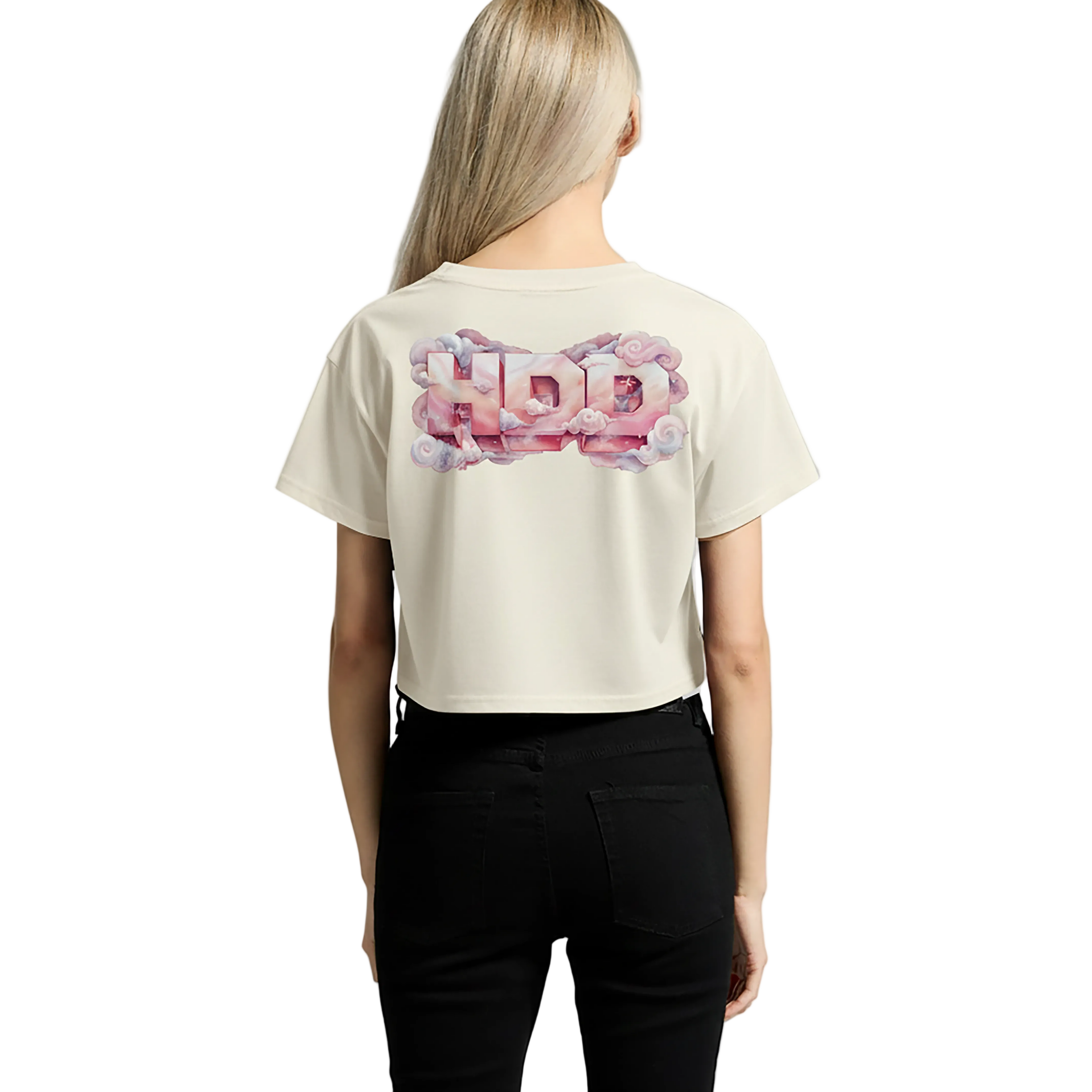 Person wearing a beige t-shirt with a colorful graphic on the back against a white background